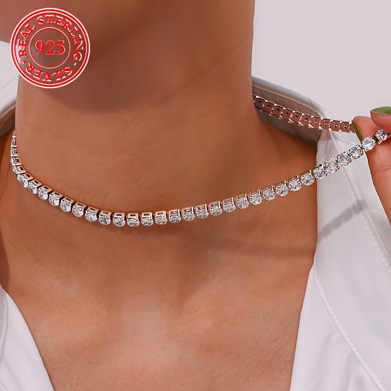 

Elegant 925 Sterling Silvery Choker Necklace With Sparkling Zircon - Perfect For Parties & Gifts, All-season Wear Personalized Necklace Necklace Pendant