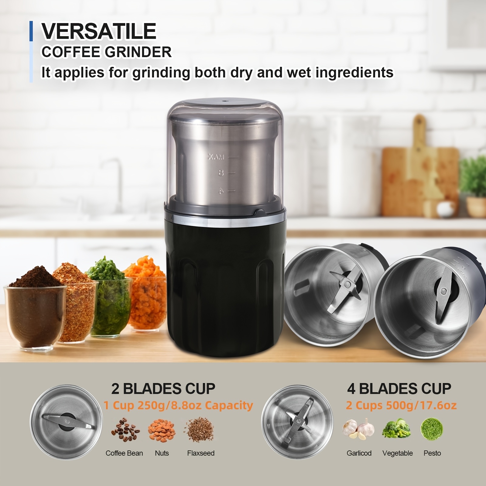 

Electric Coffee Grinder, 200w Powerful , Fresh Bean Nut, Grinder For Spice Onion Garlic, With 2 Removable Stainless Steel Bowls, 1cup 250g/8.8oz To 500g/17.6oz, Capacity To 36 Cups