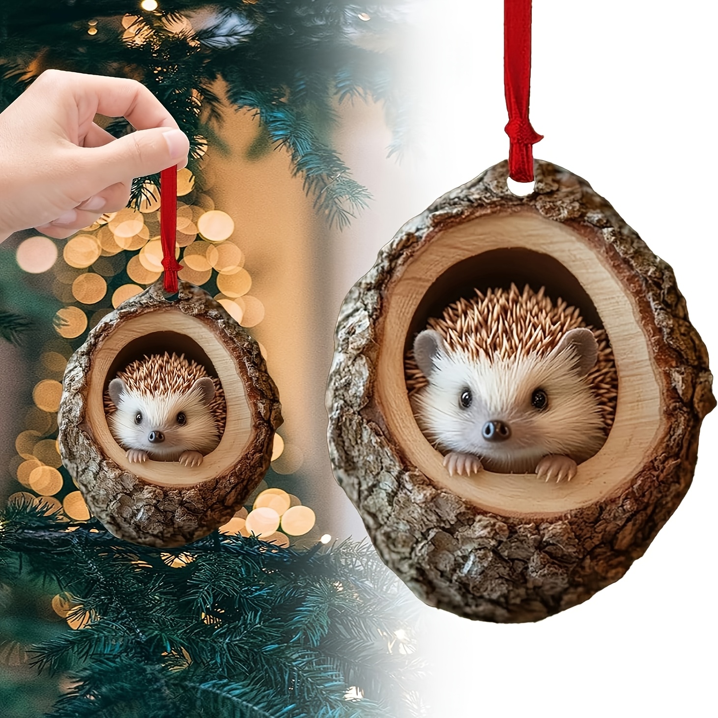 

1pc Acrylic Hedgehog Tree Ornament - Oval Wood Slice Design, Hanging Decoration For Christmas, New Year, Valentine's Day & More, No Electricity Needed