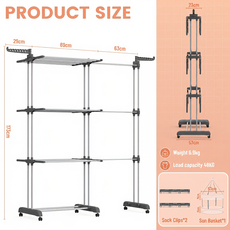 Image of Stretchable Three-tier Floor-standing Clothing Rack - Stretchable Folding With Brake Wheels - Large Capacity Balcony Drying And Storage Rack - Includes Sock Holder 2pcs And 2 Drying Baskets - In