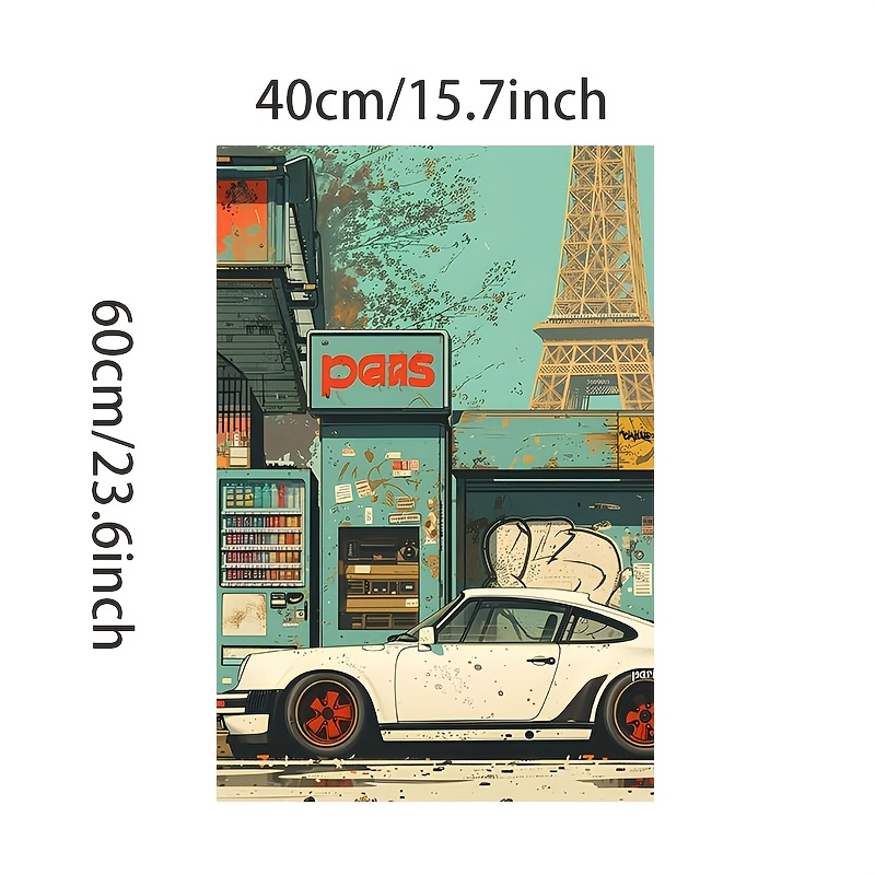 E-shop Atemberaubender Weißer Wagen & Eiffelturm Leinwanddruck - Rahmenlose Wandkunst für Wohnzimmer, Schlafzimmer, Büro, Esszimmer, Bar | Wasserdicht,