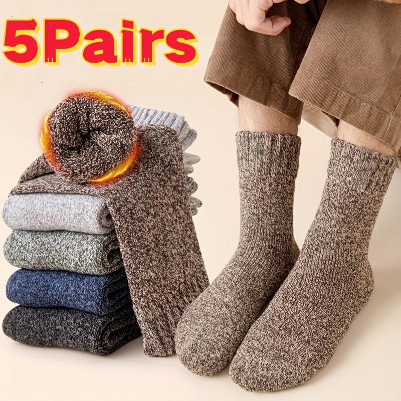 

5-pair Unisex Thermal Socks For Winter - Solid Color Knit Fabric, Breathable Moisture-wicking, Comfortable Hiking Boot Socks, Ideal Gift For Men And Women - Polyester , Hand Wash Only