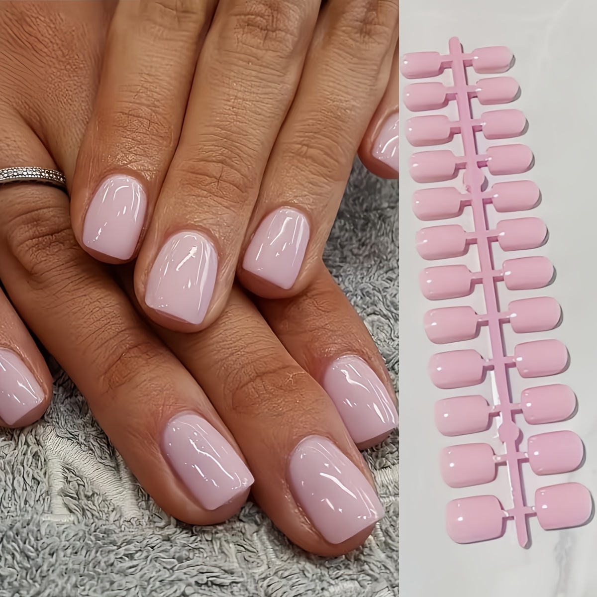 TEMU 96pcs Set Of Cute Short Square Glossy Fake Nails - Light Pink Square Fake Nails - Made Of Glossy Acrylic Material, Reusable. Suitable For Daily