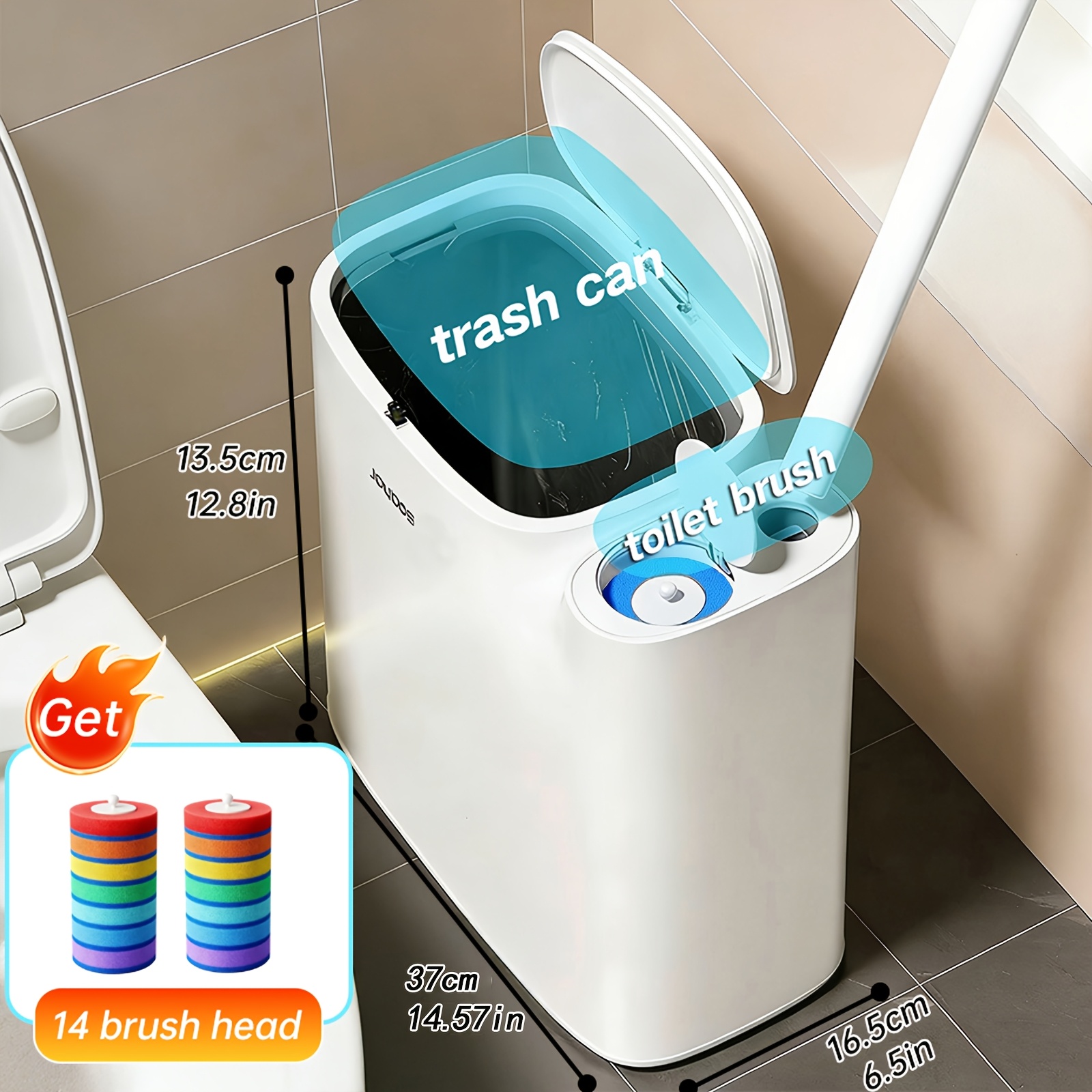 TEMU Joybos Trash Can With Lid, Disposable Toilet Brush With Cleaning Liquid Brush Head, White Narrow Design To , Press-to-open Lid To Prevent Odor,