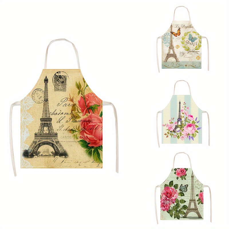 

1pc Apron, Linen Apron, Eiffel Tower Pattern Kitchen Apron, Colorful Printed Sleeveless Apron, Unisex Household Cleaning Apron, For Cooking, Baking, Cleaning And Planting, Kitchen Supplies