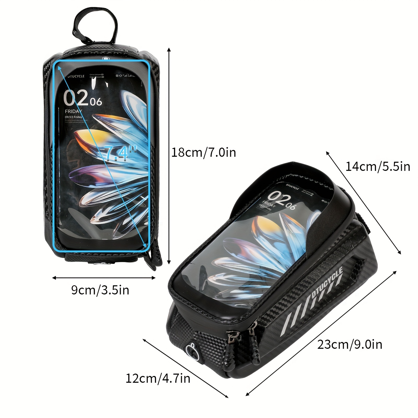Bicycle Frame Bag, Bike Phone Mount With Tpu Screen, Adjustable Straps, 2 /67.63 Ounces Large Capacity, Black