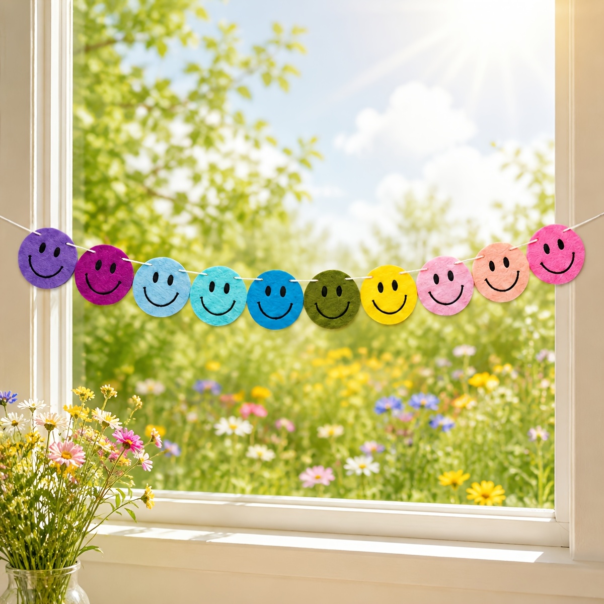 TEMU 1 Lot Bannière en feutre avec souriants, Guirlande décorative ronde, , mignonne et colorée, Panneau à ficelle avec pré-enfilés, Fanion suspendu