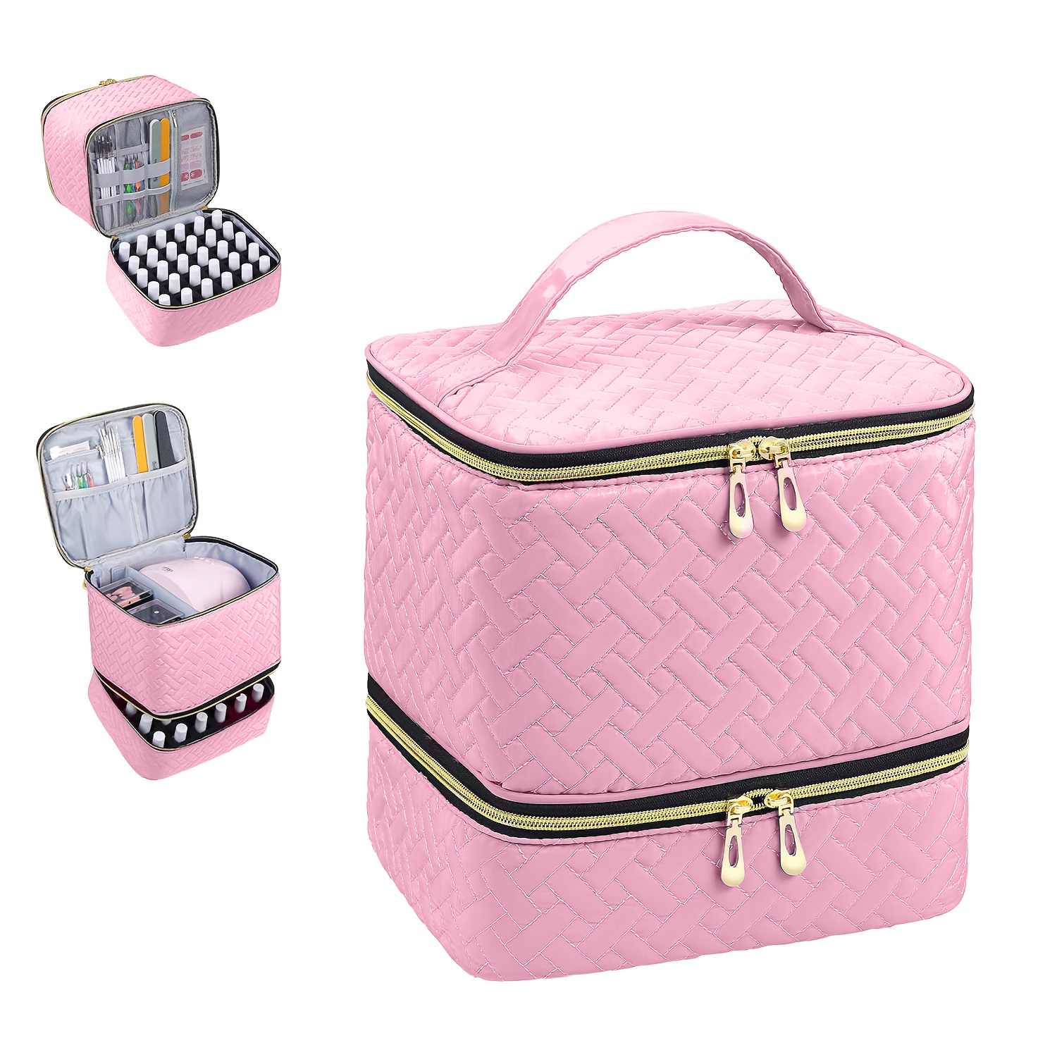 

1pc Pink Quilted Nail Art Storage Case, Multi-compartment Manicure Tool Organizer With Uv Lamp Holder, Essential Nail Polish And Accessory Travel Bag, Unscented