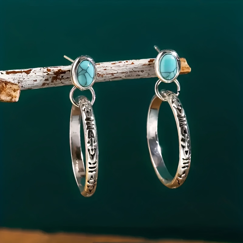 

1 Pair Of Boho Vintage Turquoise Hoop Earrings - Perfect Holiday Party Gift, The Ideal Gift For Family And Friends