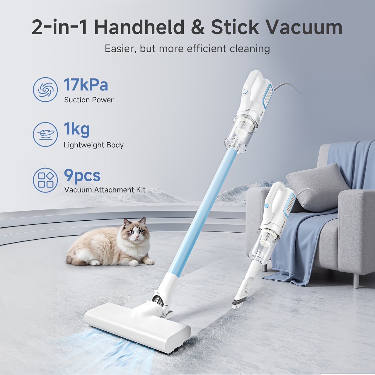 TEMU Simplus Vacuum Cleaner, 1kg Main Unit, 17000pa Powerful Suction, 4-layer High- Hepa Filtration, Brush Head Replacements, 24cm Head To Hair , 4m