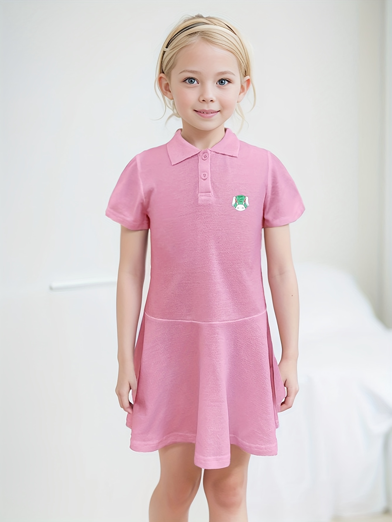 Versatile Cute Cartoon Rabbit Print Short Sleeve Dress, Girls Comfy 100 ...