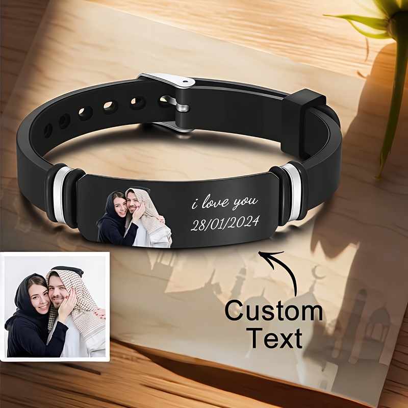 TEMU Pulseira Personalizada com Foto e Texto para Casais Muçulmanos, Foto e Texto Personalizáveis para , Tamanho Ajustável , Confortável e Versátil
