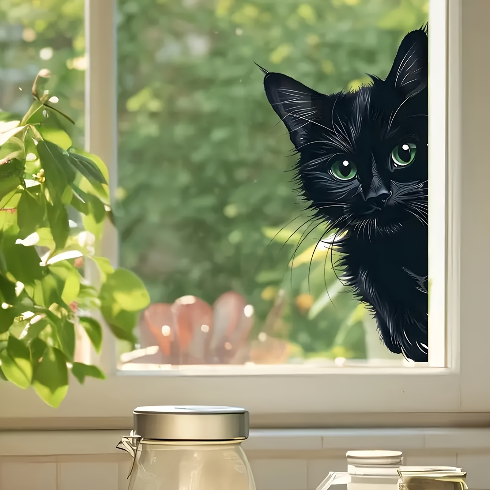 

Contemporary Animal Print Window Decal: Black Cat Peeking Through Glass, Self-adhesive, Reusable, 30cm X 16cm, Suitable For Windows, Cabinets, And Walls