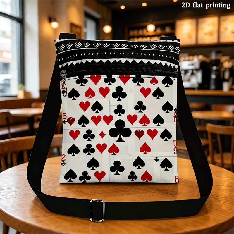 TEMU 2d Flat Crossbody Bag Suitable For Men And Women With Adjustable Straps And Zipper Closure, Playing Card Suits Print, 2d Flat Printing, Unisex