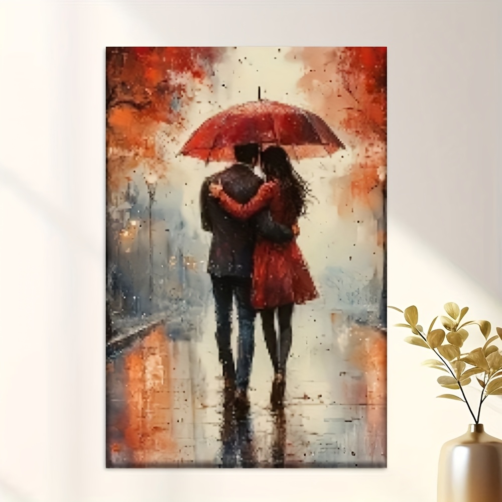 TEMU Romantic Couple Holding Umbrellas In Rain Canvas Art - Impressionistic Painting, Ideal For Living Room, Office, Cafe - Perfect Gift For