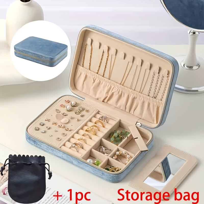 TEMU 1pc 21 X X 4.5 Cm Velvet Jewelry Box With Zipper, Large Capacity Jewelry Storage Box, With 2pcs Removable Dividers, Earrings Necklace Organizer.