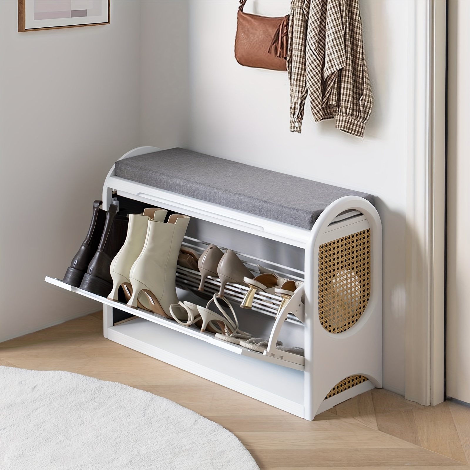 

Shoe Bench With Storage, Shoe Bench Rack For Entryway, Rattan Shoe Bench With Seating, Shoe Organizer Bench, Flexible Use Of Space, Suitable For Homes And Apartments (11" D X 31" W X 17.7" H)