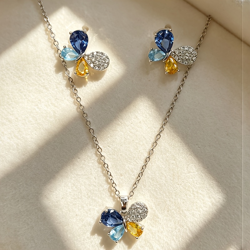 TEMU Multicolor Necklace And Earrings 3pcs Set Light Luxury Women's Jewelry Set Ear Needle Additions
