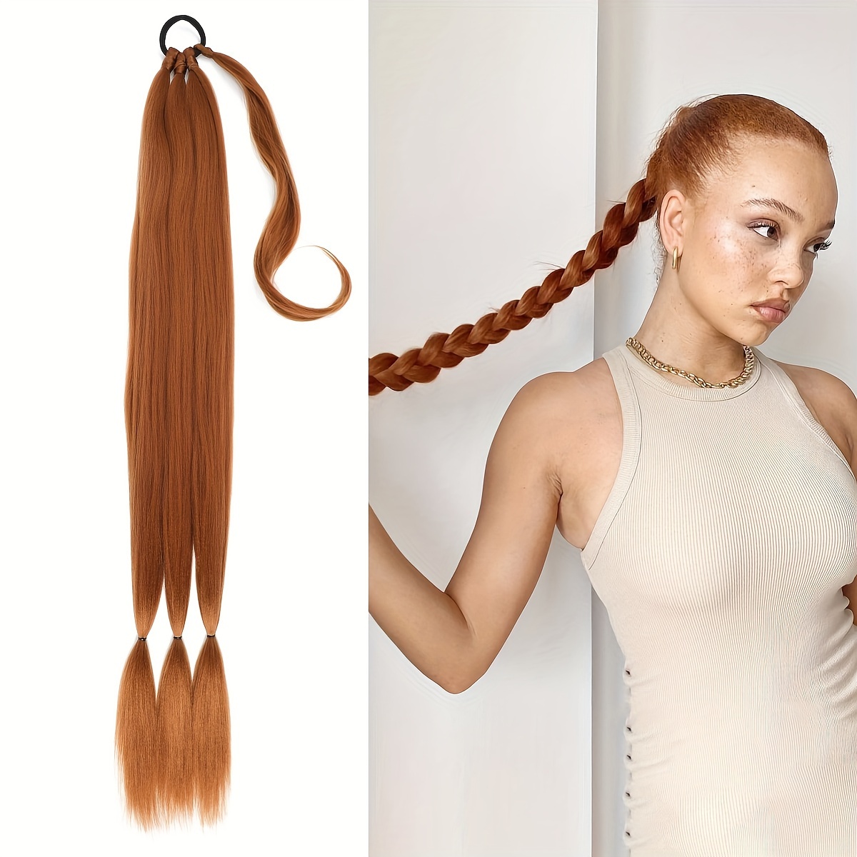 long braided ponytail extension with hair tie straight wrap around hair extensions ponytail   synthetic hair piece for women 32 inch