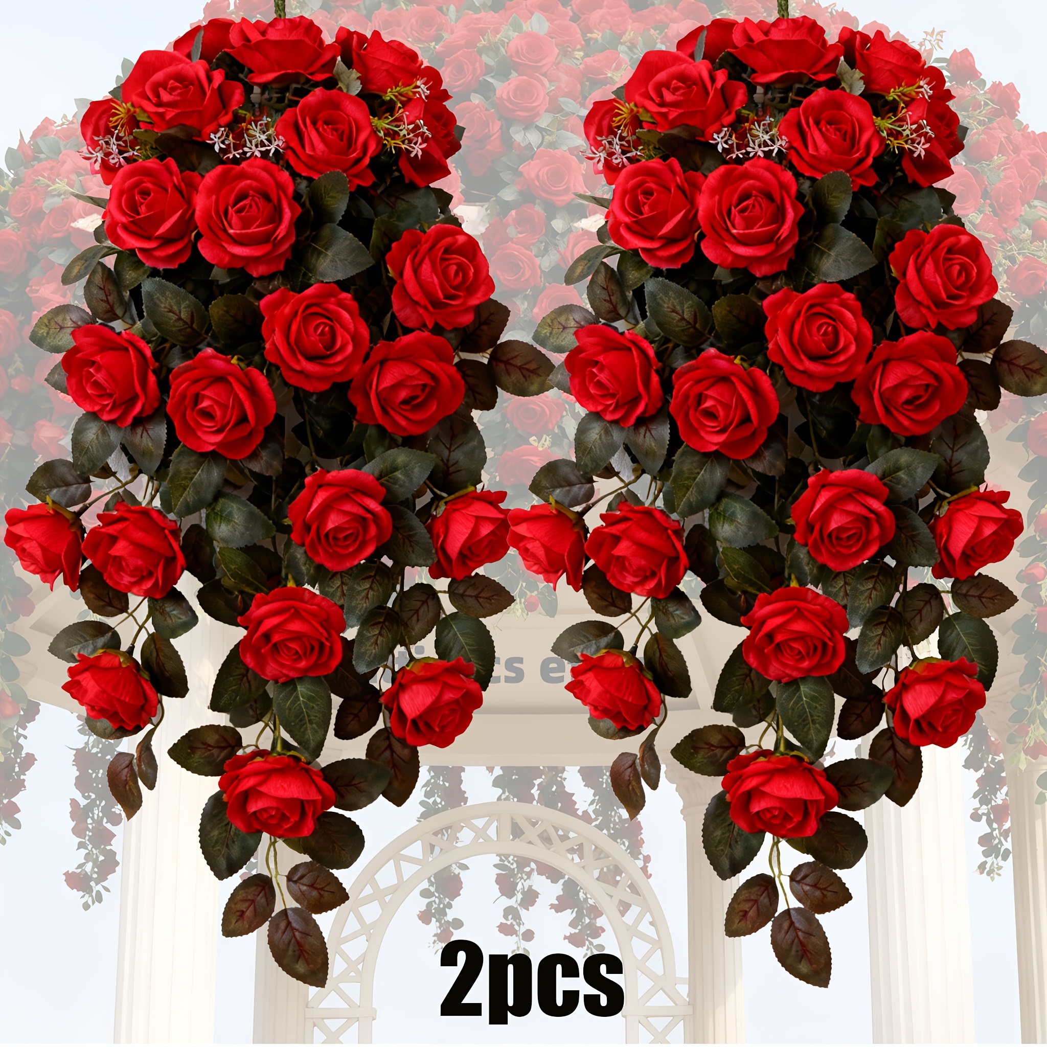 TEMU 2 Stück Große Realistische Rosenranken, Edler Roter Rosen Realistischer Blumenstrauß und Wohnkultur, Geeignet für Innen-/Außendekoration, und