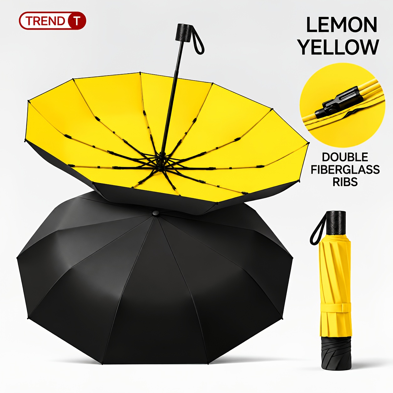 TEMU Parapluie pliant manuel extra large robuste pour 3 personnes - de cadre à 12 baleines renforcées, matériau épais, toile noire unisexe, support
