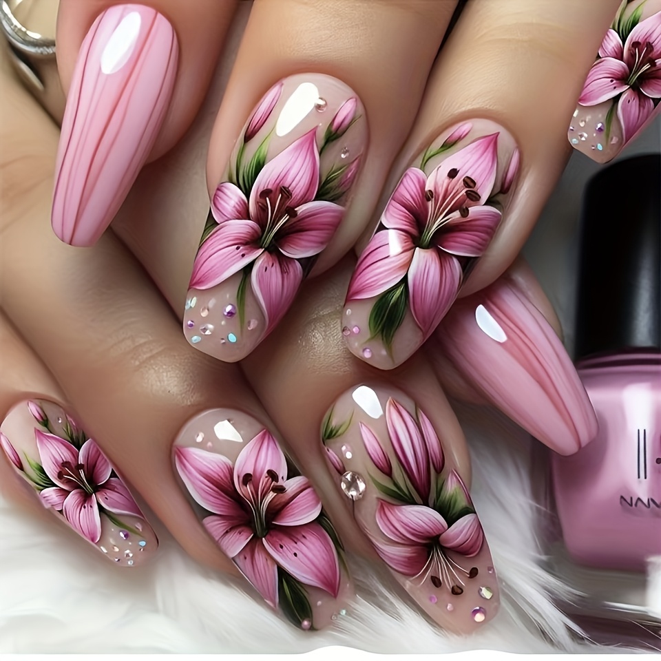 Image of Bridal Manicure 24pcs Long T Wear Nail Pieces Fresh And Fashionable Versatile Clear And Flowers Simple Gradient Retro Fashion European And Must-have Finished