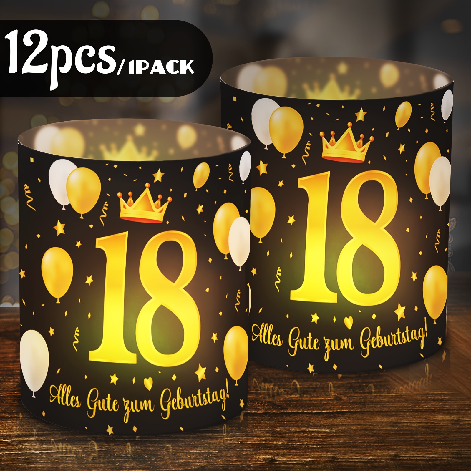 E-shop 12 Stk. Tischdekorationen für den 18. Geburtstag - Schwarze & Goldene Krone & Nummer 18 Laternenlampenschirme mit "Alles Gute zum Geburtstag!"