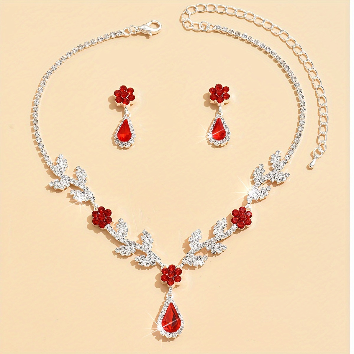 

Luxurious Party Flowers Full Necklace And Earrings Set - Perfect For Everyday Wear And Weddings - No Plating, Water Crystal Setting, Copper Base - Suitable For Carnival Season