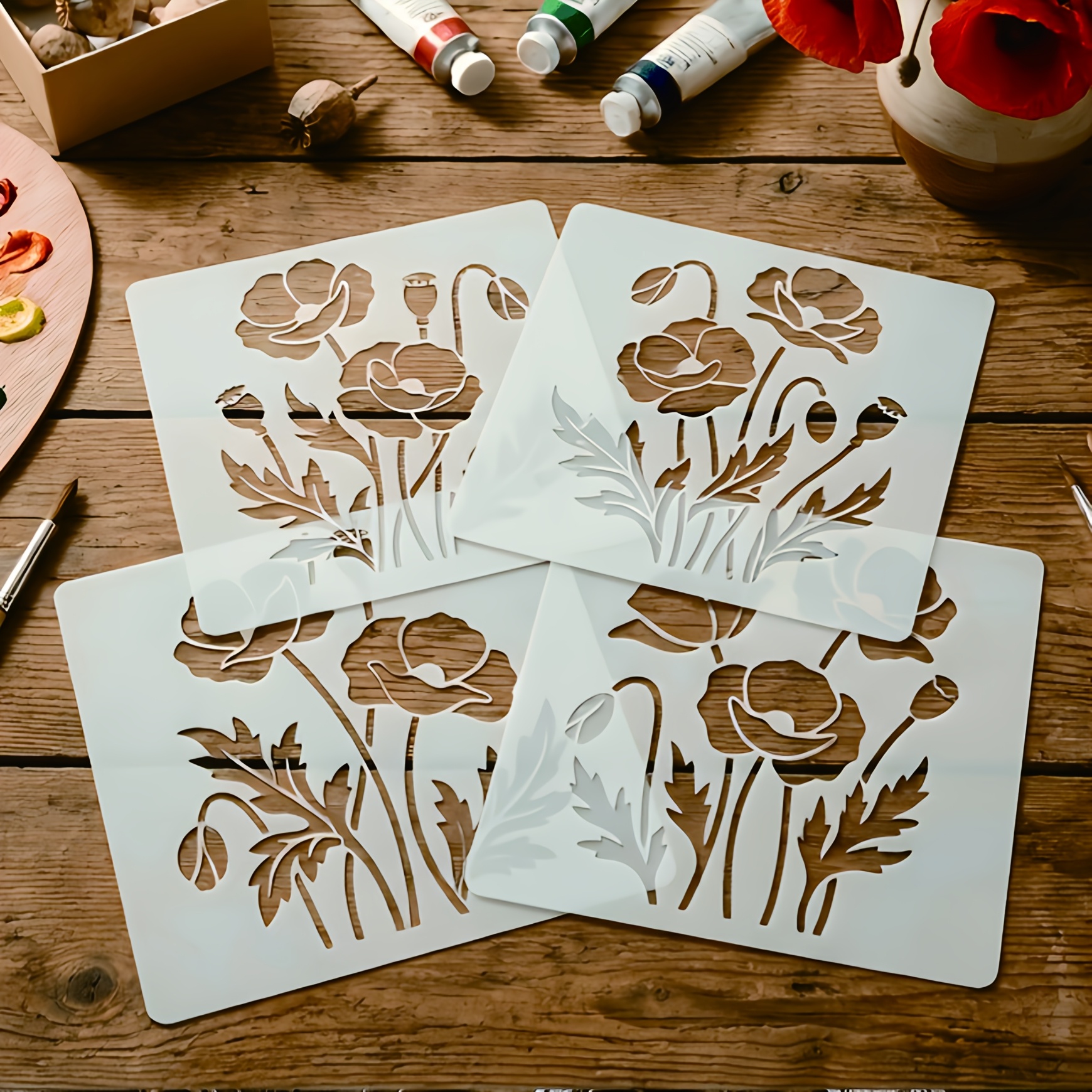 TEMU 4pcs Set Of Reusable Plastic Poppy Flower Templates, Including Patterns And Spring Floral Templates, Suitable For Crafts, Walls, Canvases,