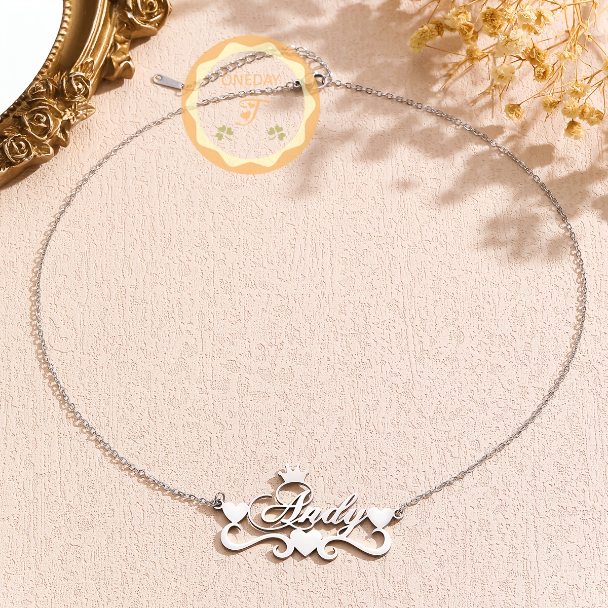 Custom Name Necklace, Stainless Steel Pendant with Ribbon & Heart