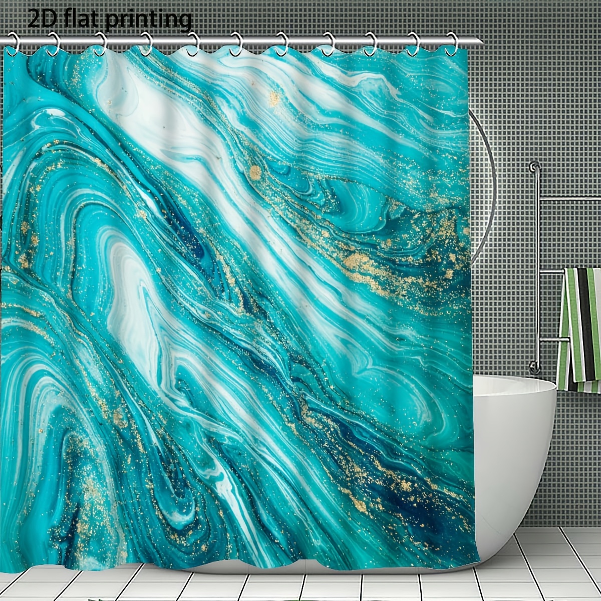4pcs Ocean Style Shower Curtain Set with Elegant Teal Marble Texture