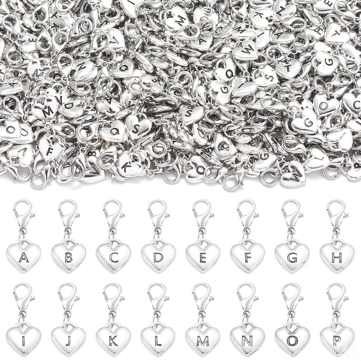 30pcs Silvery A-Z Letter Heart-Shaped Alloy Pendants for DIY Crafting