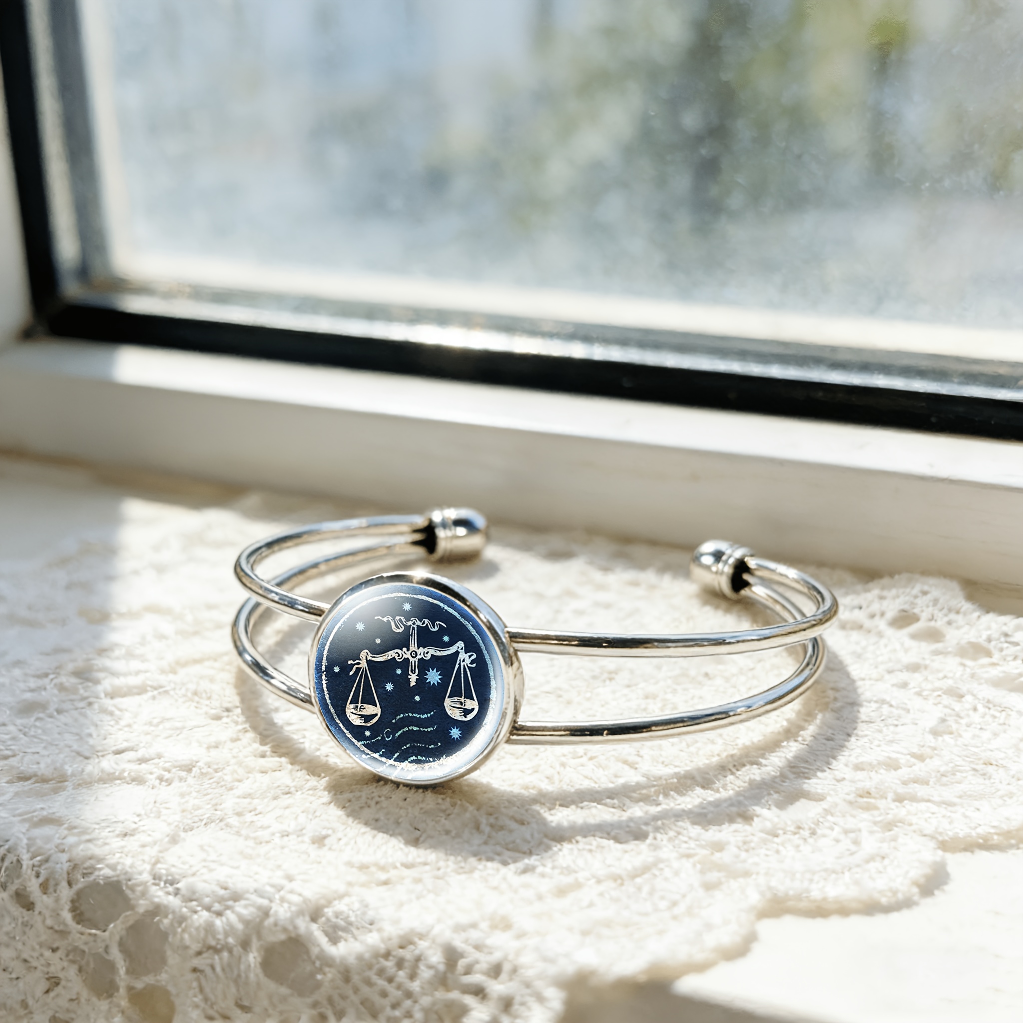Women's Adjustable Open Bangle with Libra Constellation