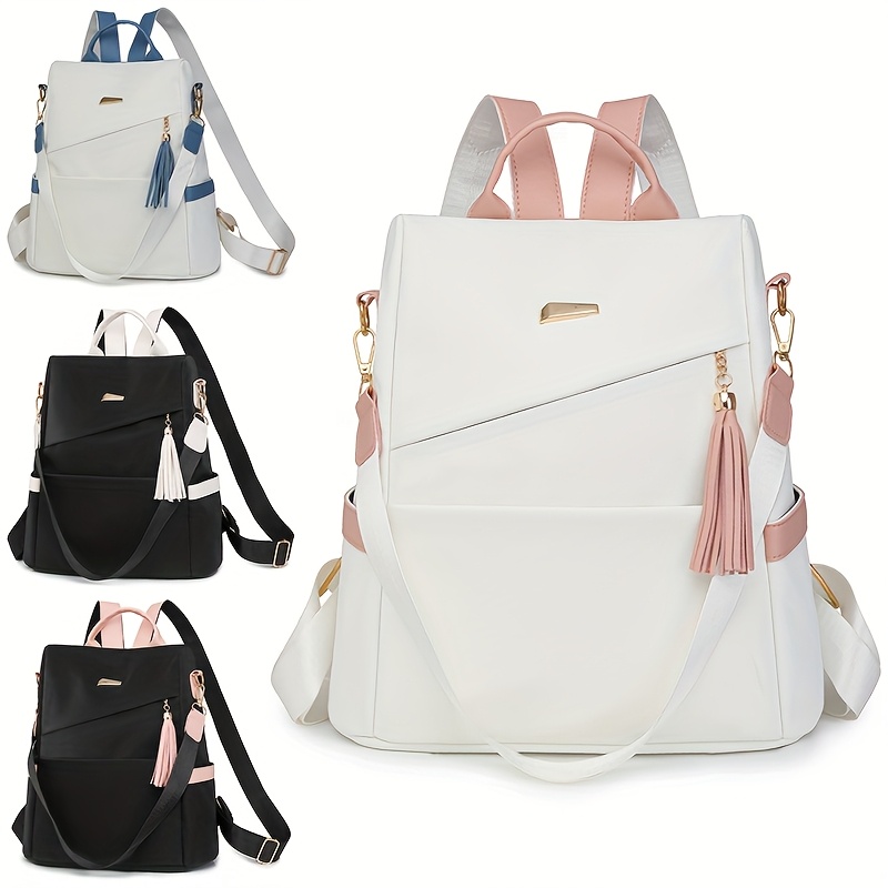 

[] Elegant Women's Anti-theft Lightweight Backpack - Chic White With Pink Accents, Large Capacity, Adjustable Straps, Tassel Detail, Pu Material, Travel & Daily Use