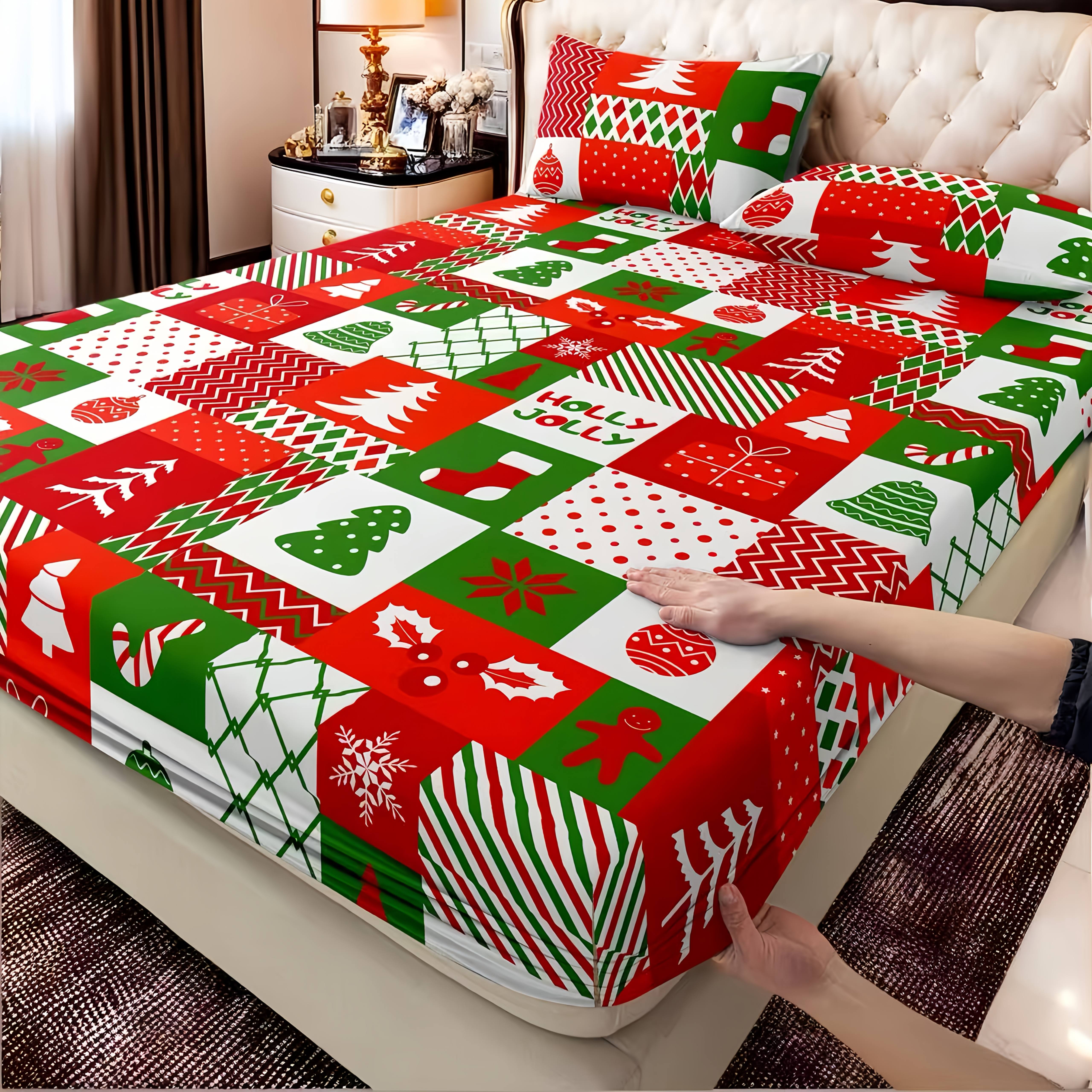 TEMU 3pcs Set Tree/deer/snowman/christmas Pattern Holiday Bed Sheet And Fitted Sheet Combo, 3pcs Set | 2 Pillowcases + 1 Fitted Sheet (no Pillow