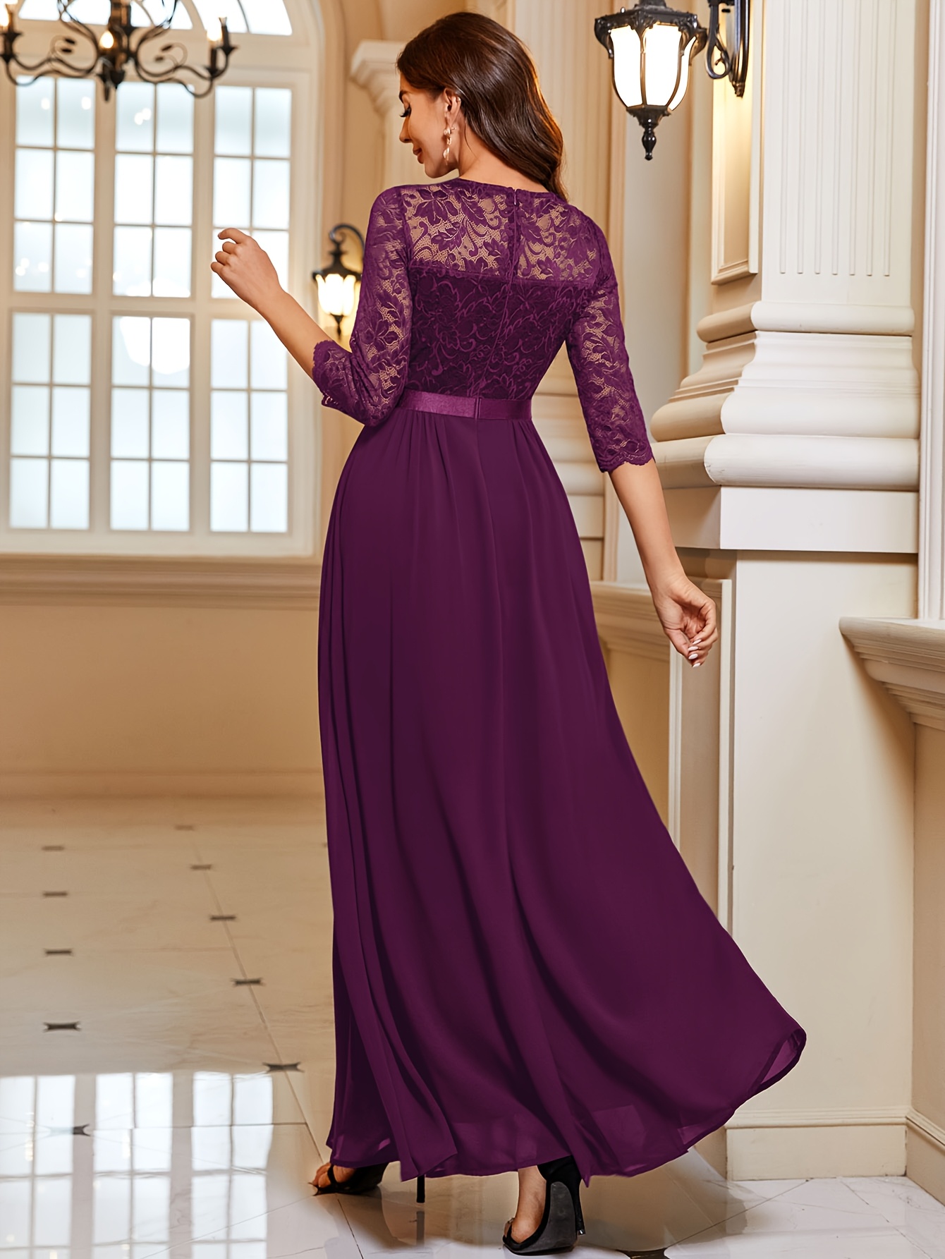 purple summer bridesmaid dresses Wedtrend Women Blue Floral Maxi Dress with Ruffles Wedding Guest Dress V  Neck A Line Asymmetrical Bridesmaid Dress – WEDTREND main image 0