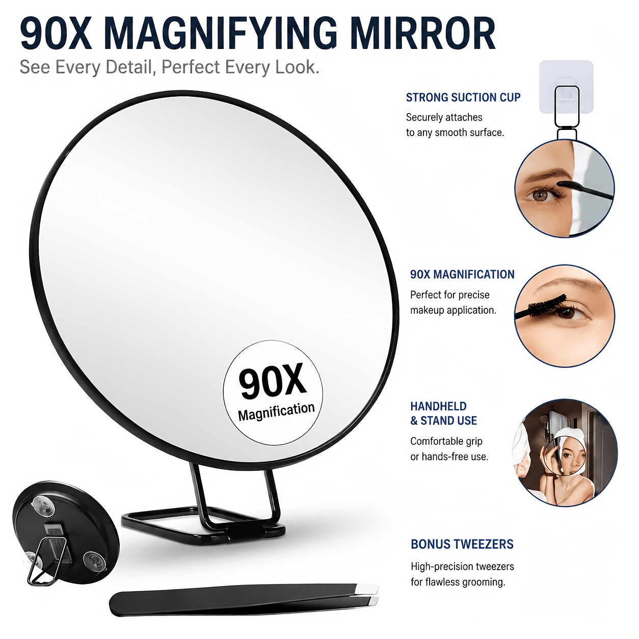 TEMU A 90x Magnifying Mirror Set With Tweezers Holder, Featuring 3 Strong Suction Cups. The Wall-mounted Suction/stand Angle Is Adjustable. This
