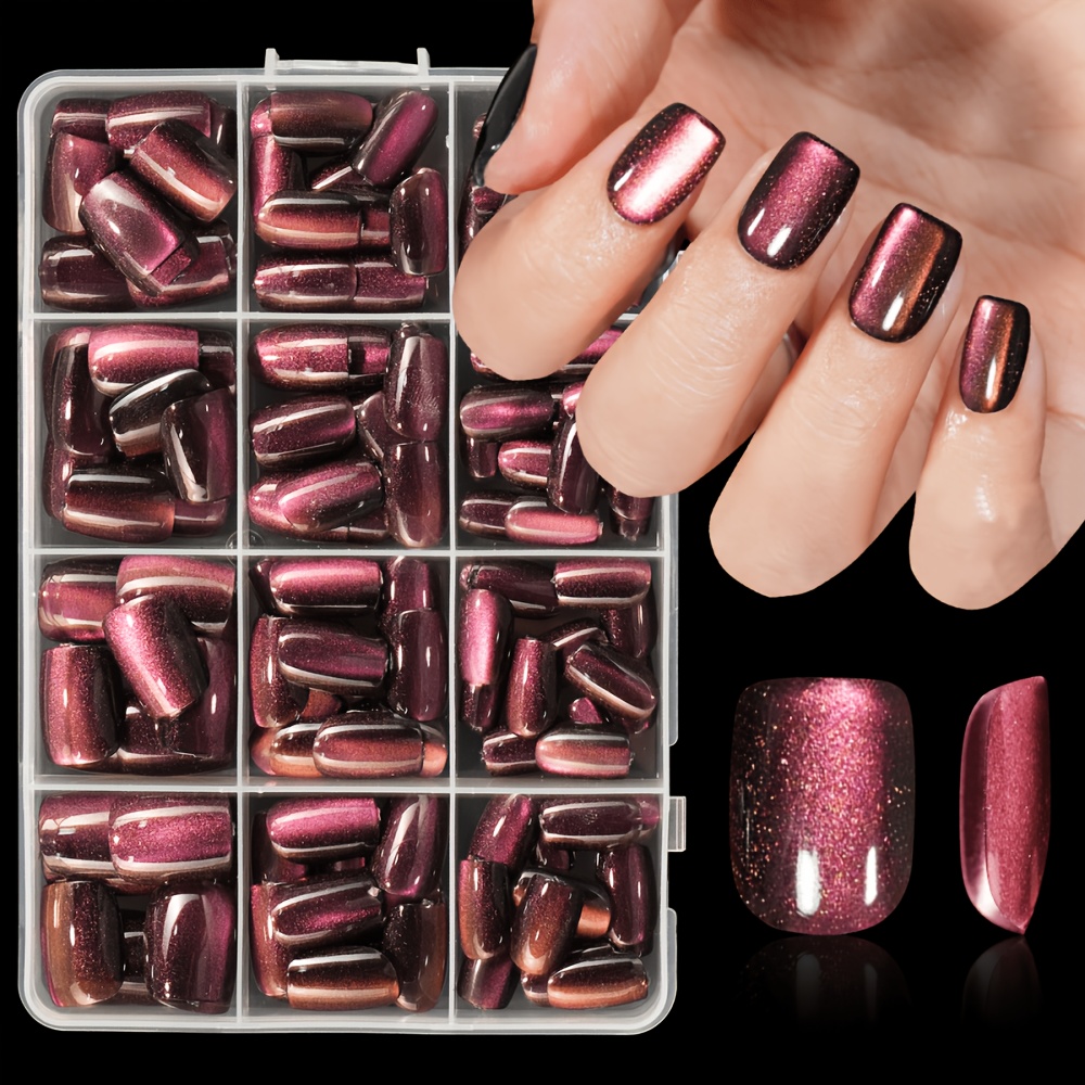 TEMU 120pcs Short Square Shiny Cat-eye Fashion Press-on Nails, Shiny Full-coverage Removable Nail Art Pieces, Fake Nails Suitable For Women' Life And