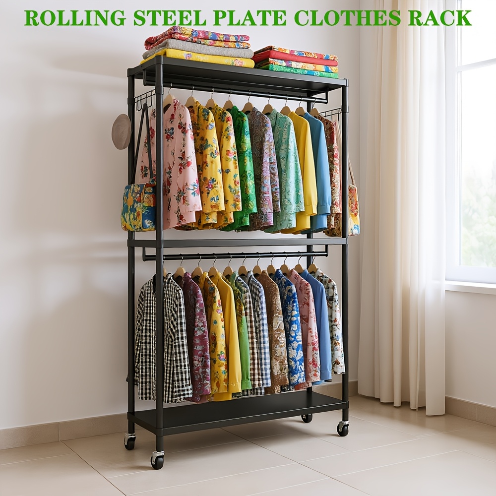 Image of Sturdy Clothing Rack Made Of , Featuring A Freestanding Design With Wheels, 3 Adjustable Shelves, 2 Hanging Rods, And Side Hooks, Of To 480 , In Black