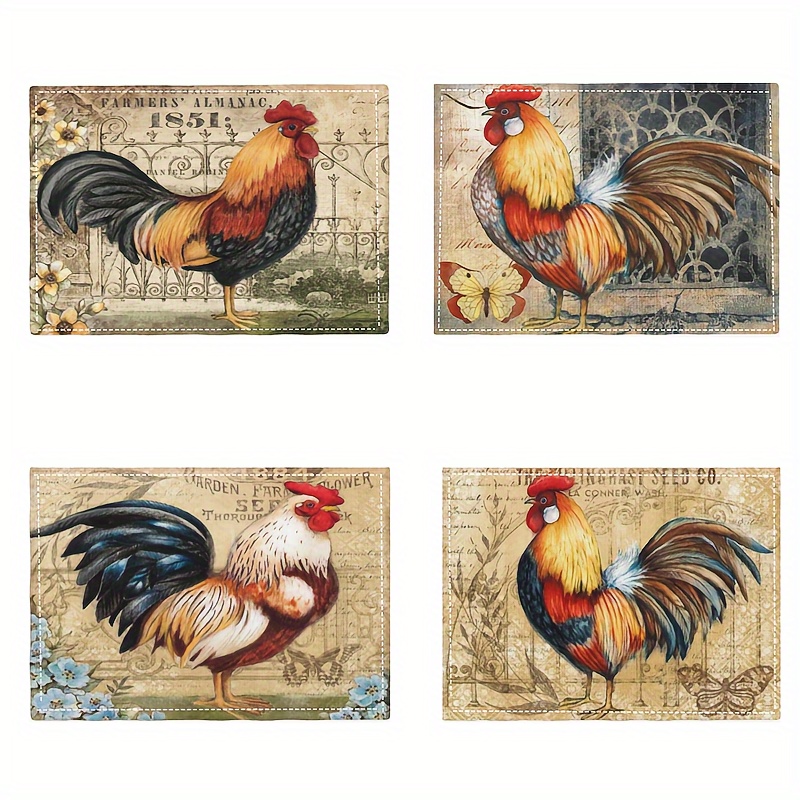 

4pcs Placemats, Retro Countryside Rooster Print Placemats, Desktop Dustproof Linen Table Mat, For Home Gathering & Festive Gift, Dining Party Decor, Home Supplies