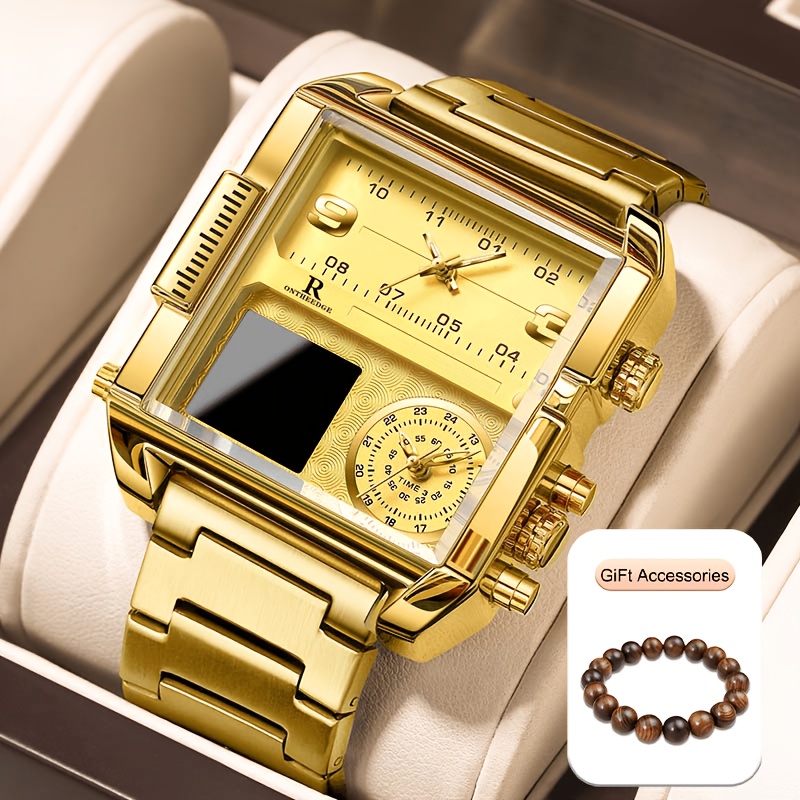 TEMU Montre mécanique automatique pour homme avec carré et affichage de la date - Montre-bracelet analogique dorée adaptée aux tenues