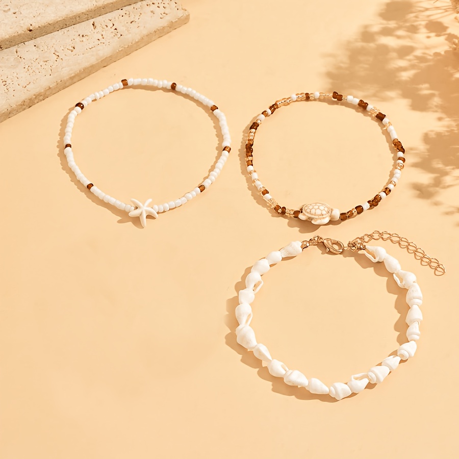 3pcs Creative Artificial Starfish Turtle Bead Anklet Set