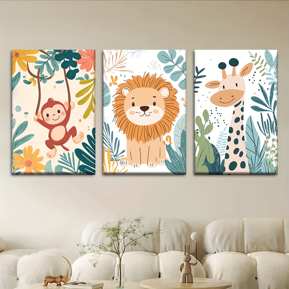 TEMU 3 piezas/set, Pintura en --Sin , Mono, León, en Estilo de Dibujos Animados, Pósters e , , Biblioteca, Oficina, Café, Bar, Abstracto, Regalo para
