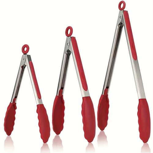 3pcs barbecue tongs with pointed tips used for cooking grilling salads baking and serving red and black handle food safety kitchen utensil an essential tool for outdoor barbecue in three sizes food tongs