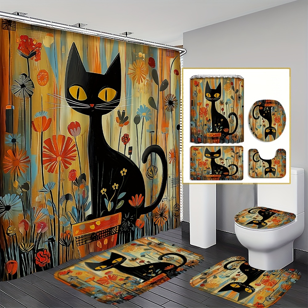 

4pcs Black Cat And Sunflower Shower Curtain Set, Vintage Watercolor Design, Shower Curtain With 12 Hooks, Non-slip Bath Mat, U-shaped Toilet Mat, Toilet Mat, Bathroom Decoration Accessories