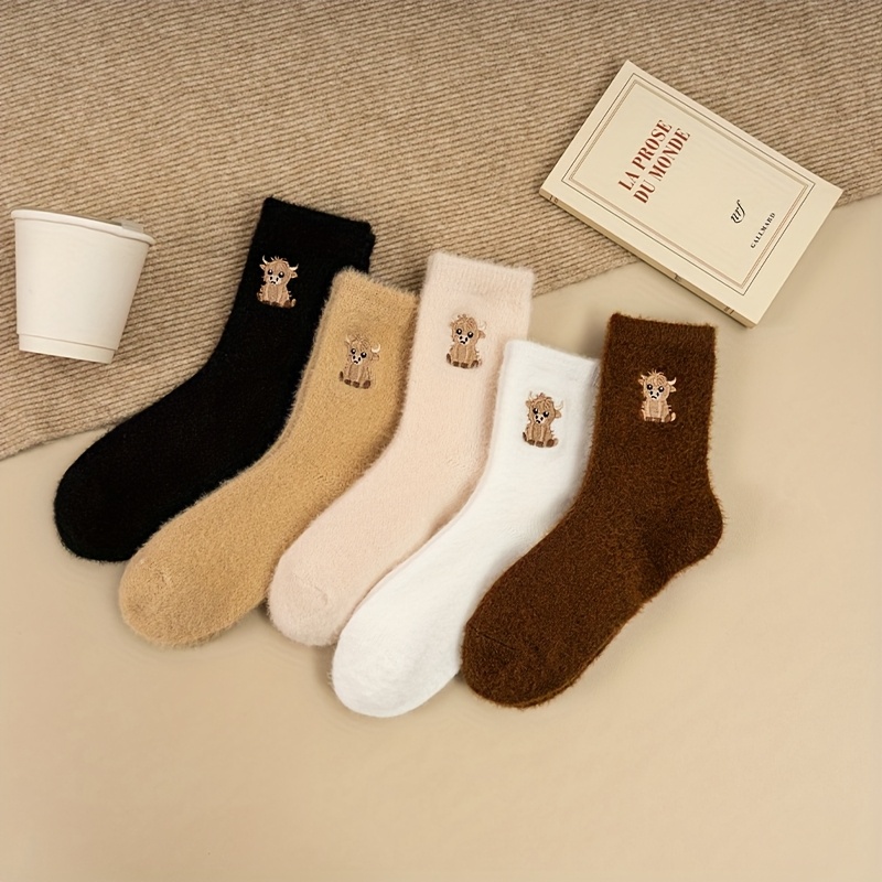 TEMU 5-pair Calf-length Socks With Calf Pattern, Material, Warm And Comfortable, Autumn/winter Season Product, Plush, Ideal Gift
