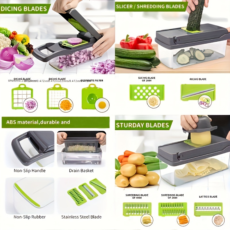 1 set 16in1 vegetable chopper multifunctional fruit slicer manual food grater vegetable slicer cutter with container and 8 blades onion mincer chopper household potato   kitchen stuff kitchen gadgets dorm essentials details 0