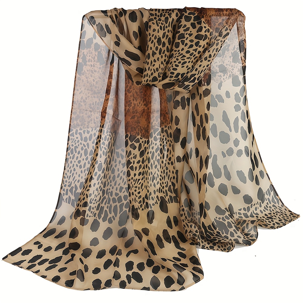 TEMU Women's Bohemian Elegant Leopard Chiffon Scarf - Light Long Design, Suitable For Daily Wear, Parties, And Weddings, Breathable Printed Chiffon
