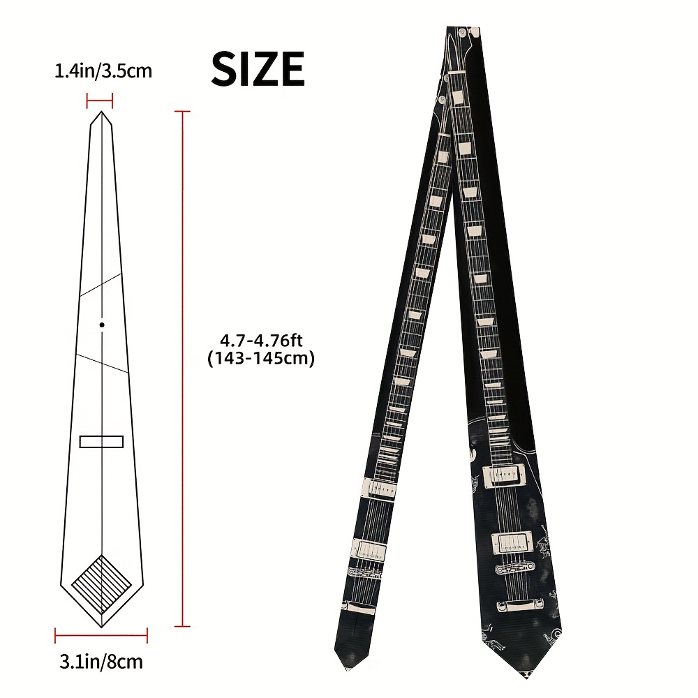 TEMU 1pc, Elegant And Fun Men's Tie With Black Electric Guitar Doodle Design, For Weddings And Receptions, Printed Tie Washable And Lightweight