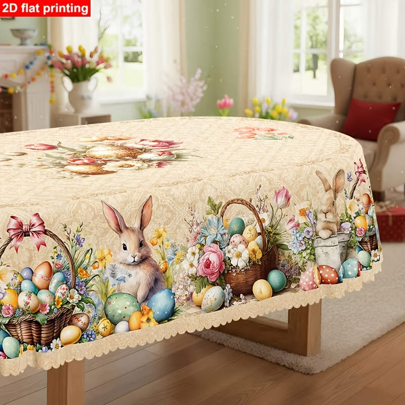 item picture 1pc spring easter tablecloth with rabbit   and tulip pattern     tablecloth suitable for indoor and outdoor use standard table   durable and easy to clean spring dining table decoration gift